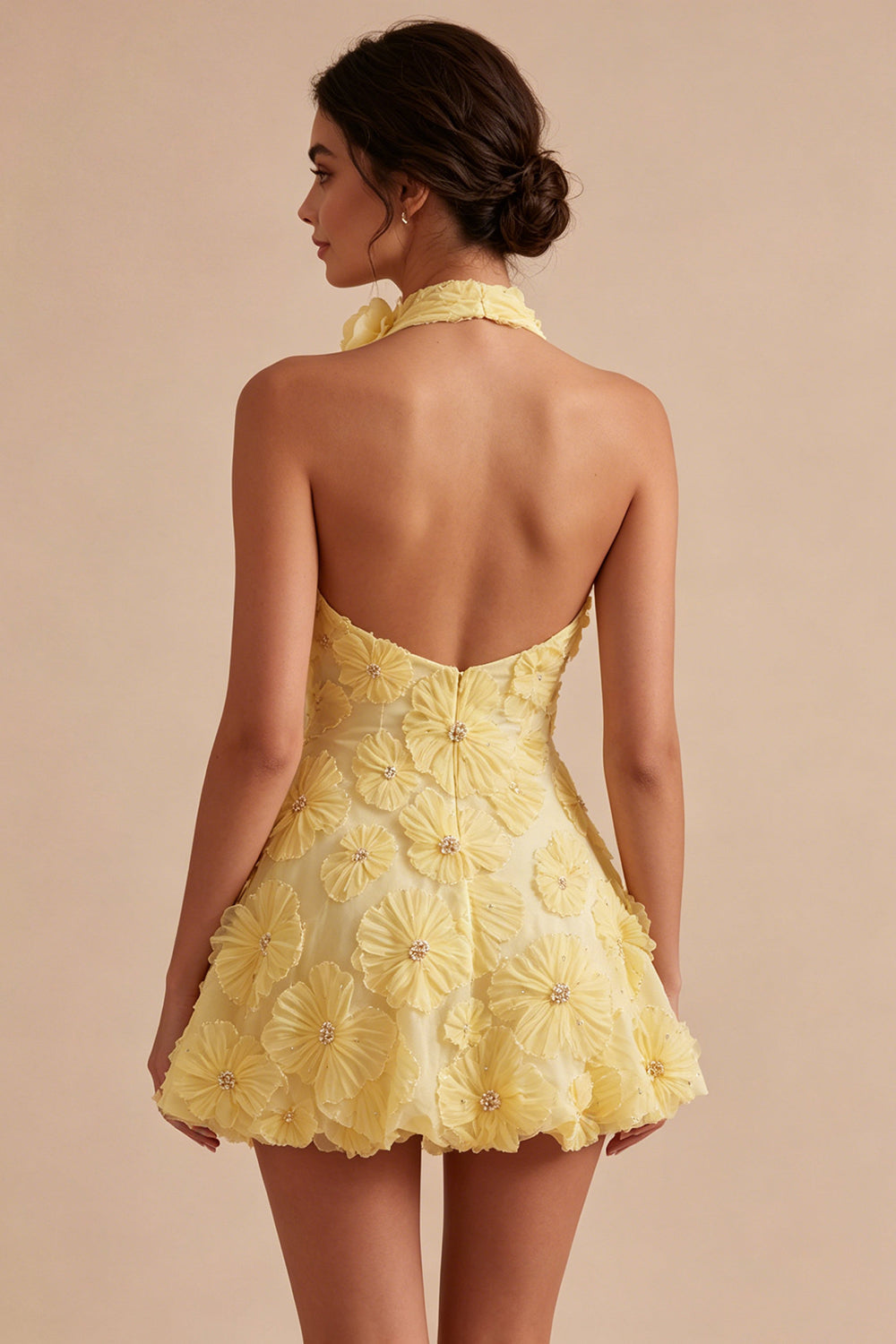 Plum Floral Halter A Line Daffodil Short Backless Homecoming Dress with Beading - Daffodil / US6