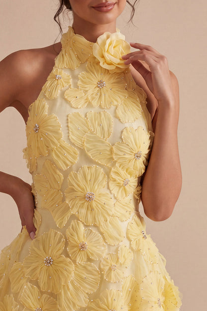 Plum Floral Halter A Line Daffodil Short Backless Homecoming Dress with Beading - Daffodil / US6
