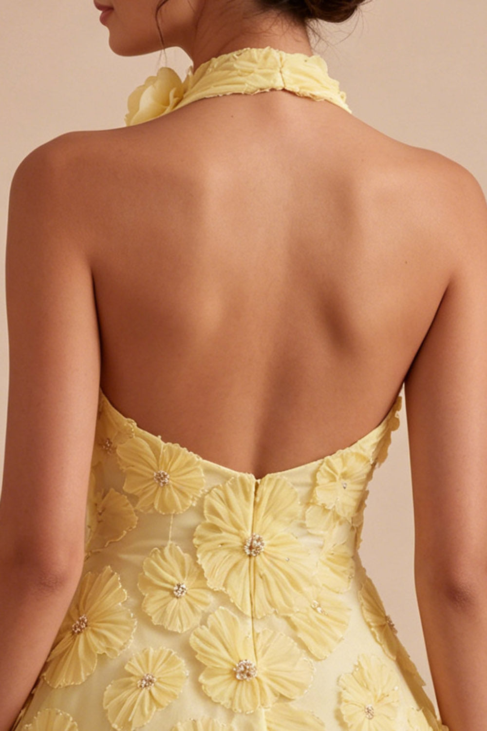 Plum Floral Halter A Line Daffodil Short Backless Homecoming Dress with Beading - Daffodil / US6