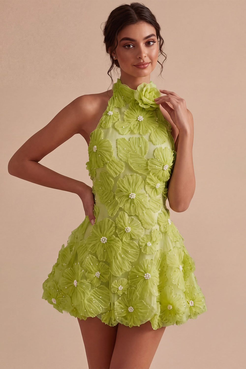 Plum Floral Halter A Line Daffodil Short Backless Homecoming Dress with Beading - Daffodil / US6