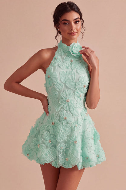 Light Khaki Floral Halter A Line Daffodil Short Backless Homecoming Dress with Beading - Daffodil / US6