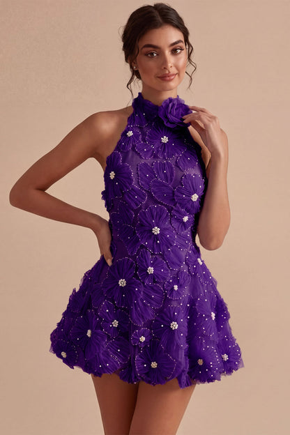 Fuchsia Floral Halter A Line Daffodil Short Backless Homecoming Dress with Beading - Daffodil / US6