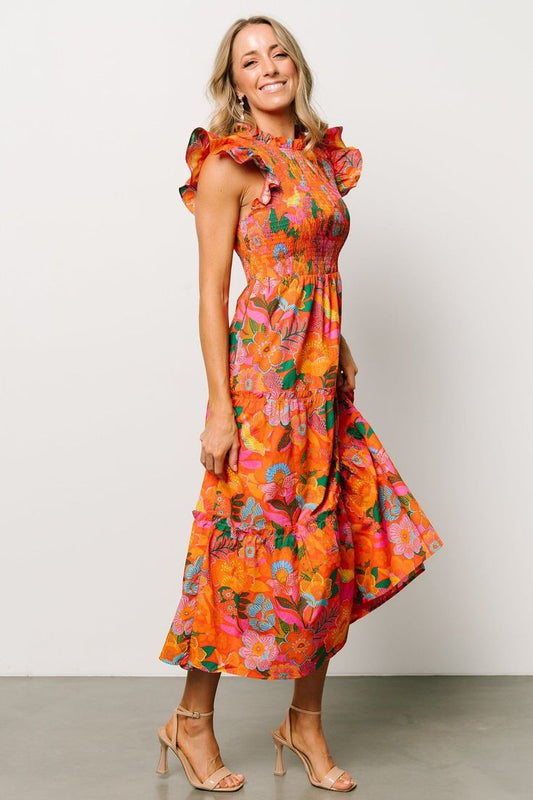 Emily Smocked Tier Maxi Dress in Orange Floral