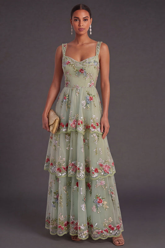 Green Margot Sequin Floral A-Line Dress
