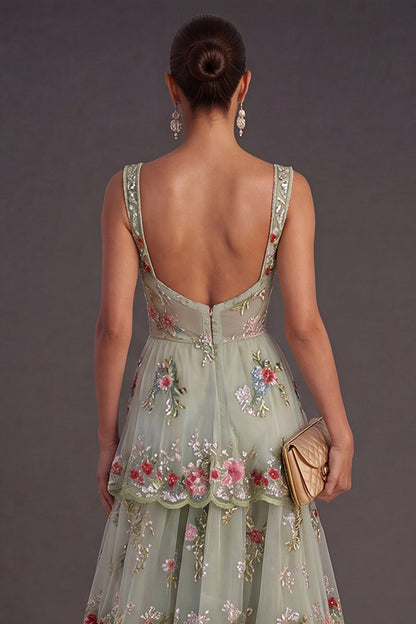 Green Margot Sequin Floral A-Line Dress