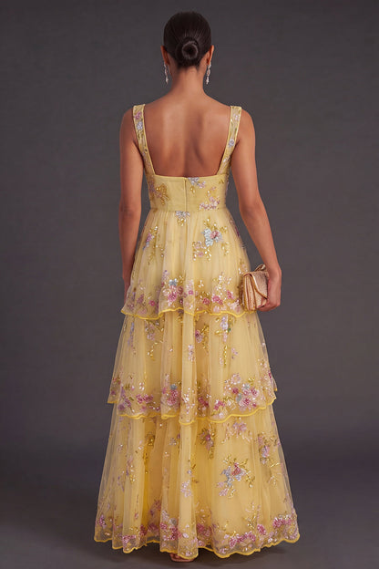 Yellow Margot Sequin Floral A-Line Dress