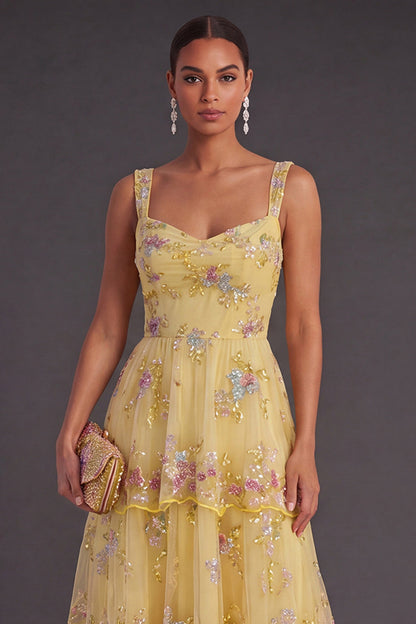 Yellow Margot Sequin Floral A-Line Dress
