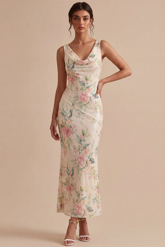 White Pink Flower Arabella Sequin Mermaid Gown