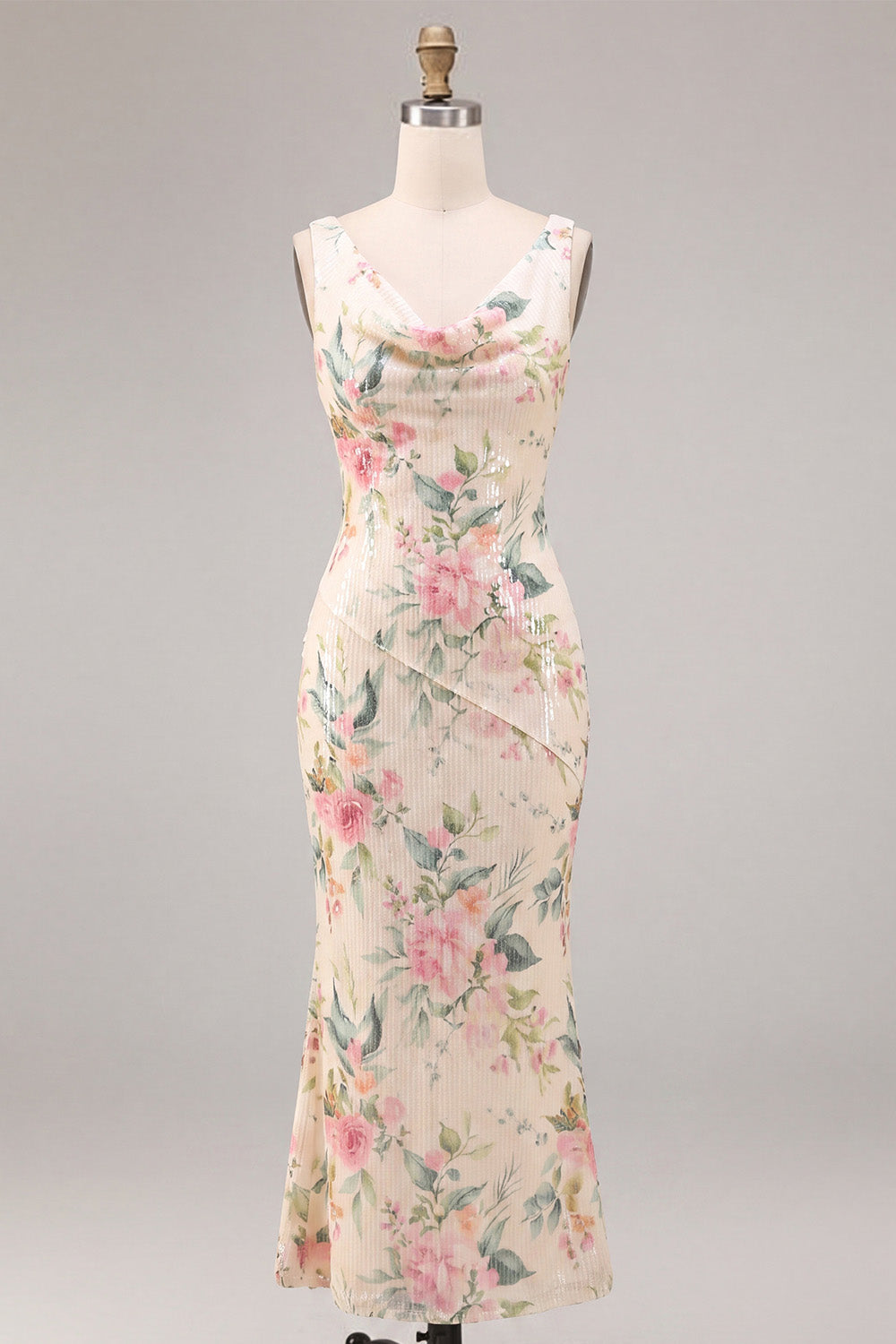 White Pink Flower Arabella Sequin Mermaid Gown