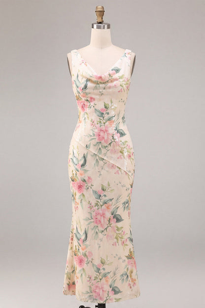 White Pink Flower Arabella Sequin Mermaid Gown