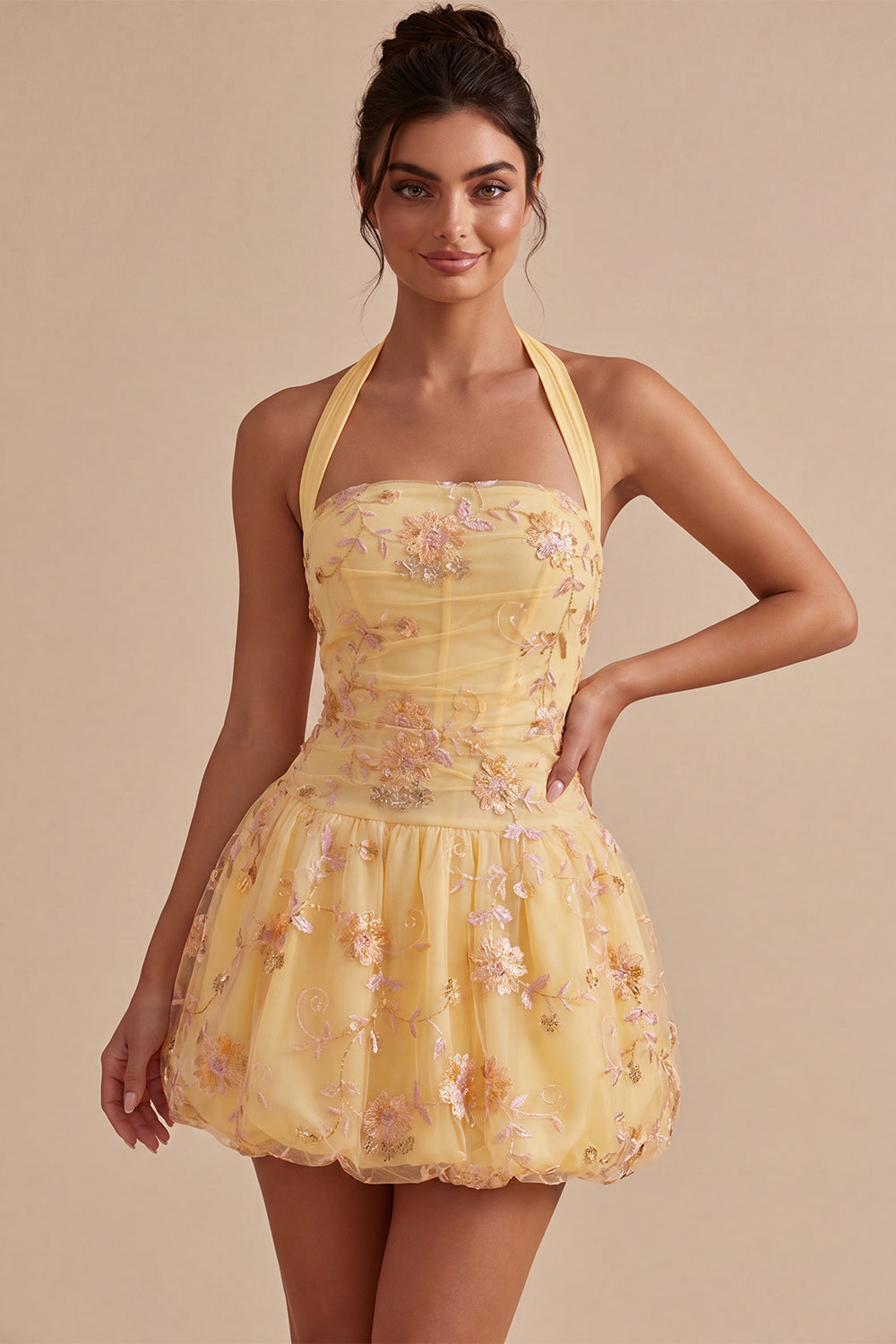 Line Short Corset Homecoming Dress Margot Floral Halter A-Line Homecoming Dress