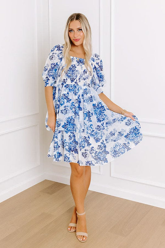 Spring Tea Garden Smocked Dress - S / blue
