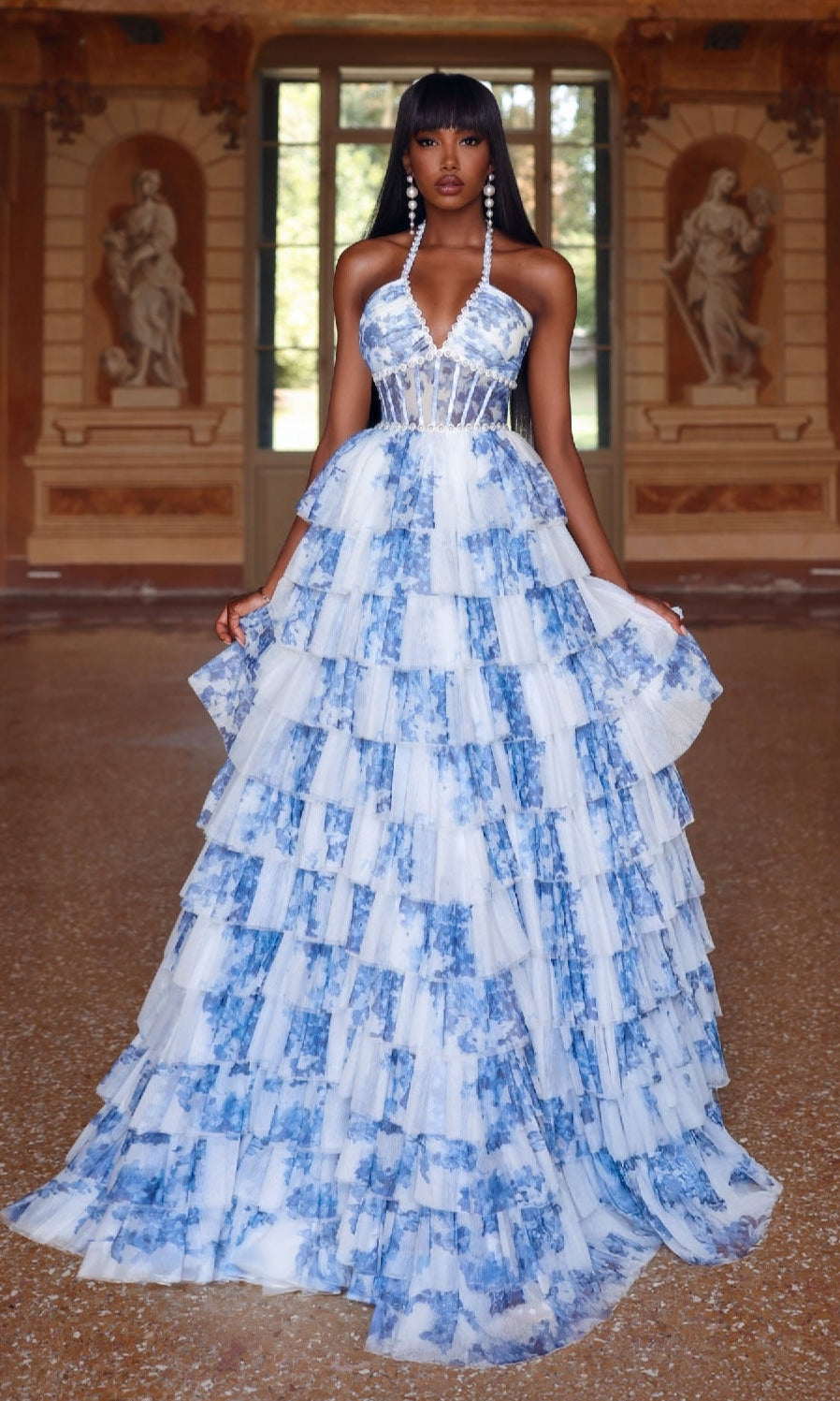 Blue/White Adelaide Colorblock Evening Gown