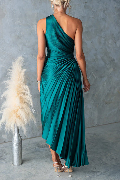 Deep Emerald Margot One-Shoulder Pleated Satin Maxi Dress