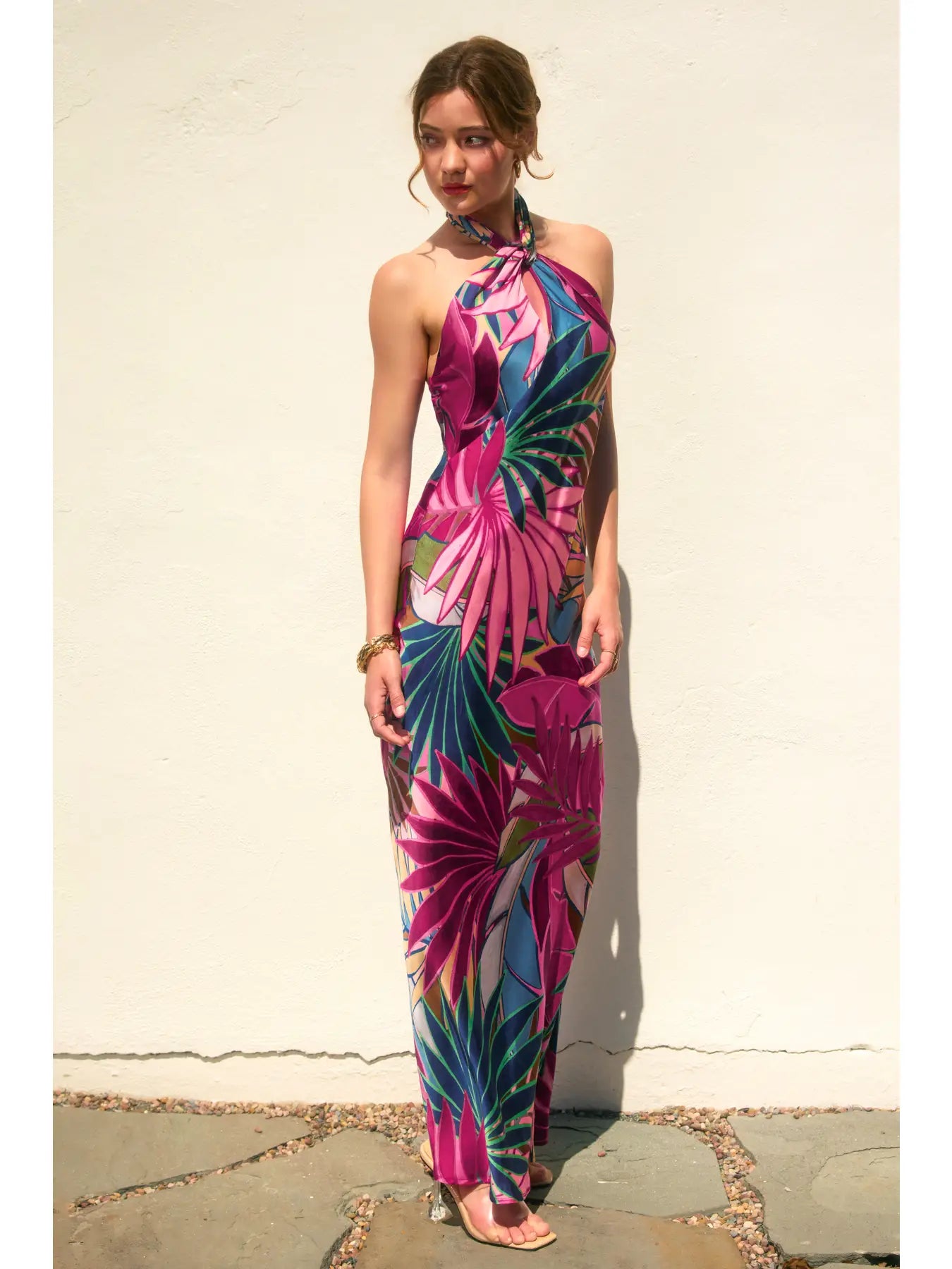 TROPICAL FUCHSIA Vivienne Halter Open-Back Maxi Dress