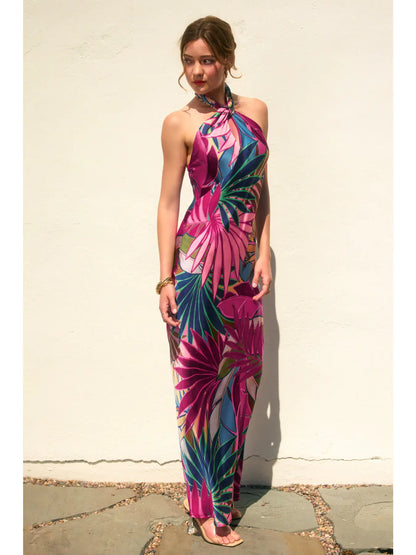 TROPICAL FUCHSIA Vivienne Halter Open-Back Maxi Dress