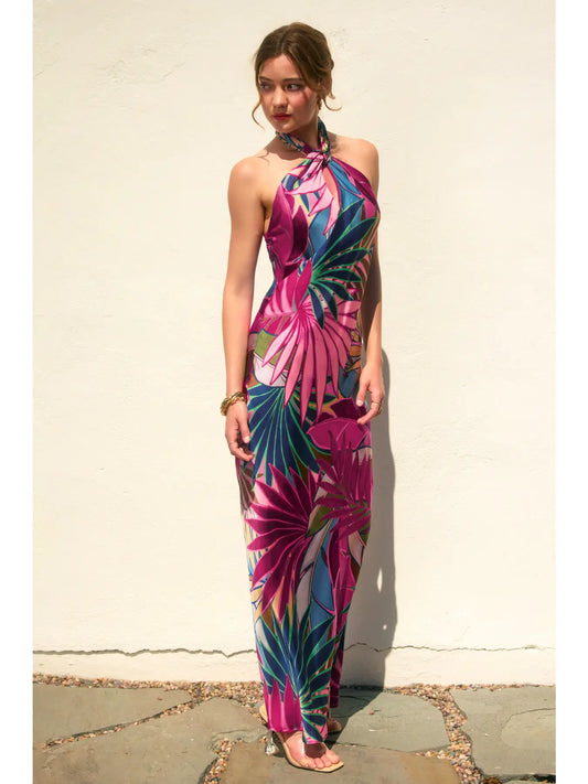 TROPICAL FUCHSIA Vivienne Halter Open-Back Maxi Dress