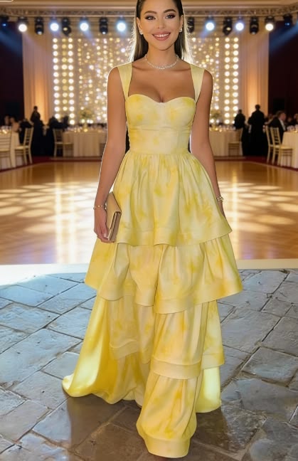Sweet Butter Yellow Sweetheart Neck A-Line Jacquard Satin Layered Long Prom Dresses Formal Evening Dress ED02298 - As Ph