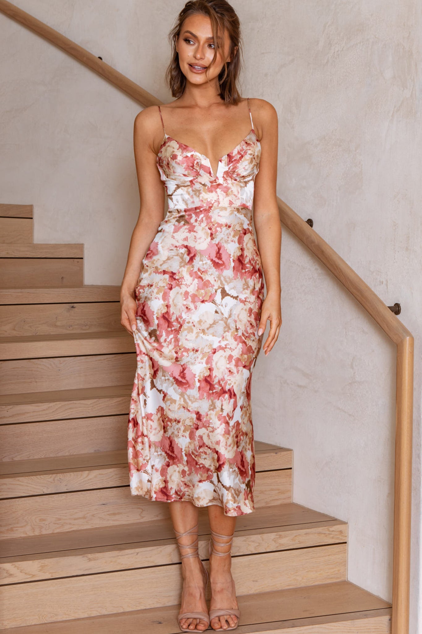 Valentina Abstract Print Cami Midi Dress in Rose