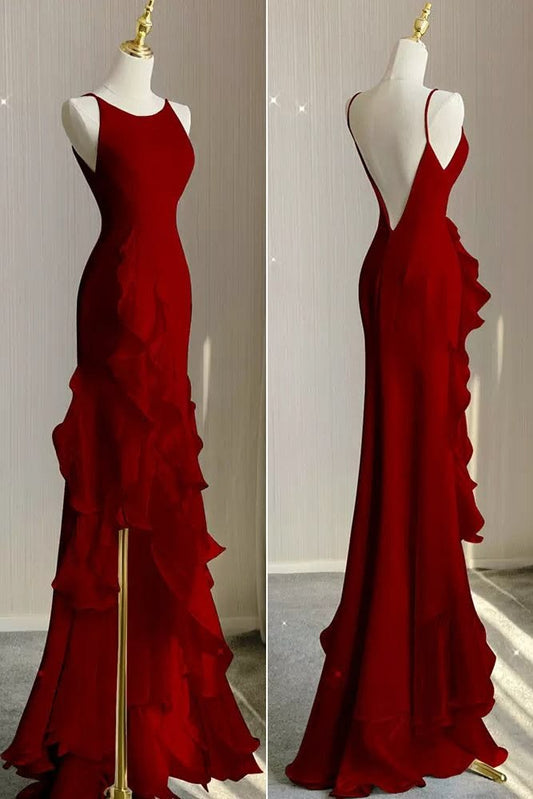 Simple Mermaid Prom Gown With Ruffles Spaghetti Straps Backless Prom Dress For Date P1847 - AS PHOTO(BLACK) / US10