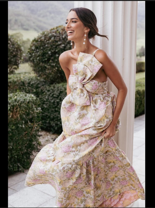 Betina Bow Front Maxi Dress in Cream & Pink Floral