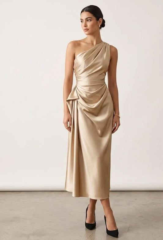 Vivienne One-Shoulder Satin Midi Dress