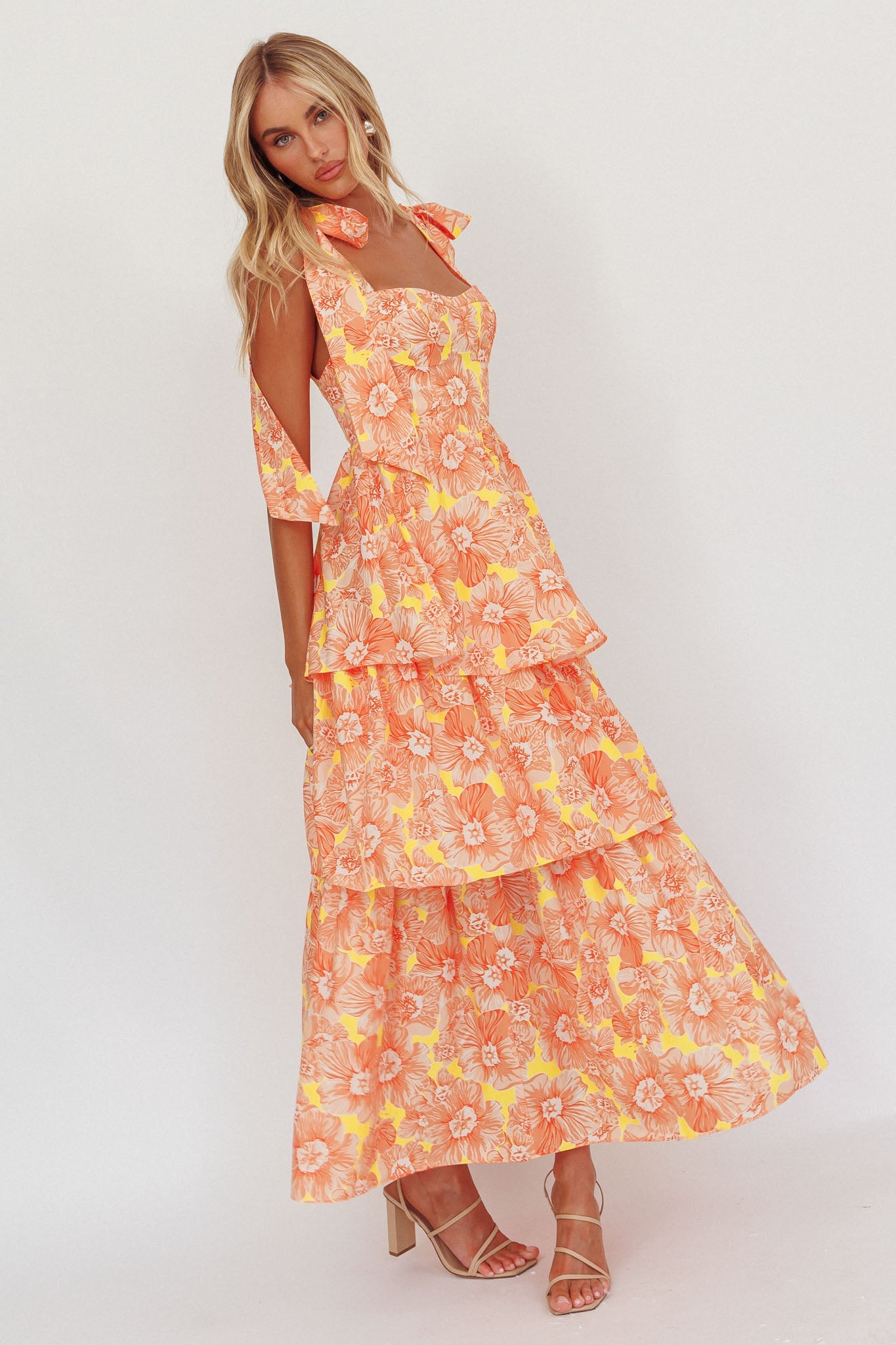 Arlowe Tied-Shoulder Tiered Midi Dress in Floral Orange