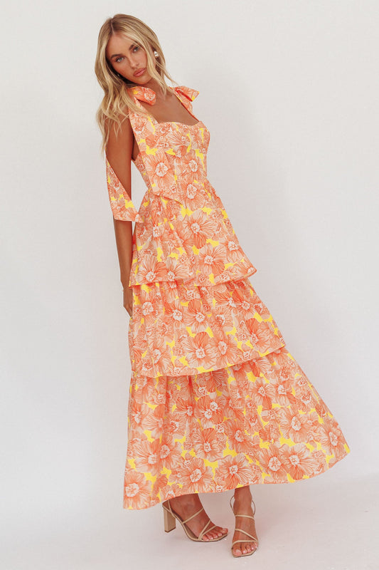 Arlowe Tied-Shoulder Tiered Midi Dress in Floral Orange