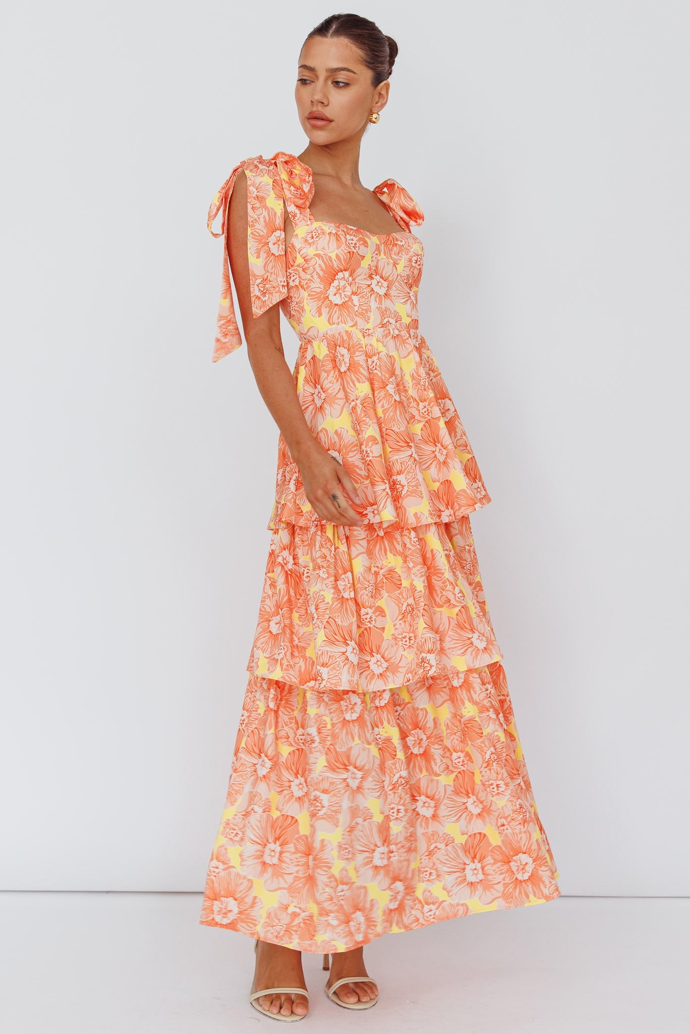 Arlowe Tied-Shoulder Tiered Midi Dress in Floral Orange