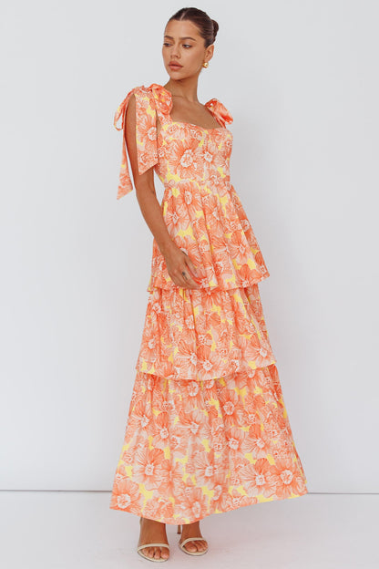 Arlowe Tied-Shoulder Tiered Midi Dress in Floral Orange