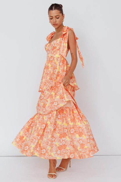 Arlowe Tied-Shoulder Tiered Midi Dress in Floral Orange