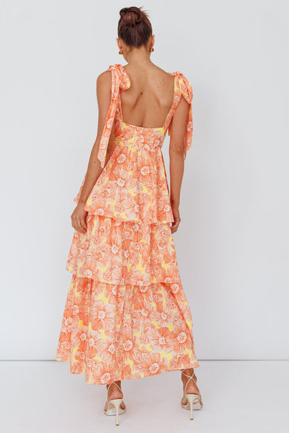 Arlowe Tied-Shoulder Tiered Midi Dress in Floral Orange