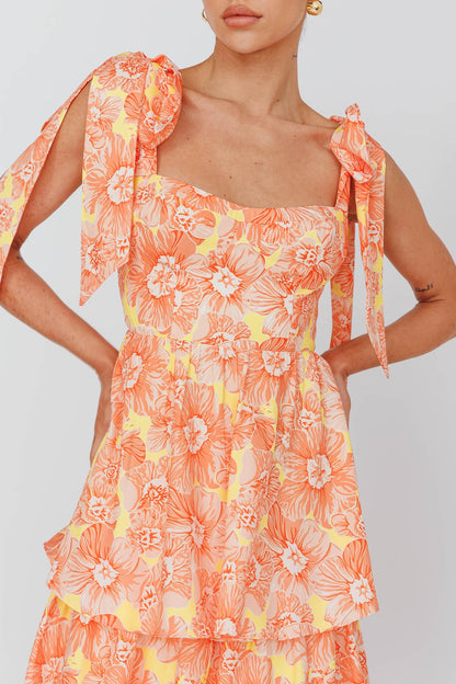 Arlowe Tied-Shoulder Tiered Midi Dress in Floral Orange