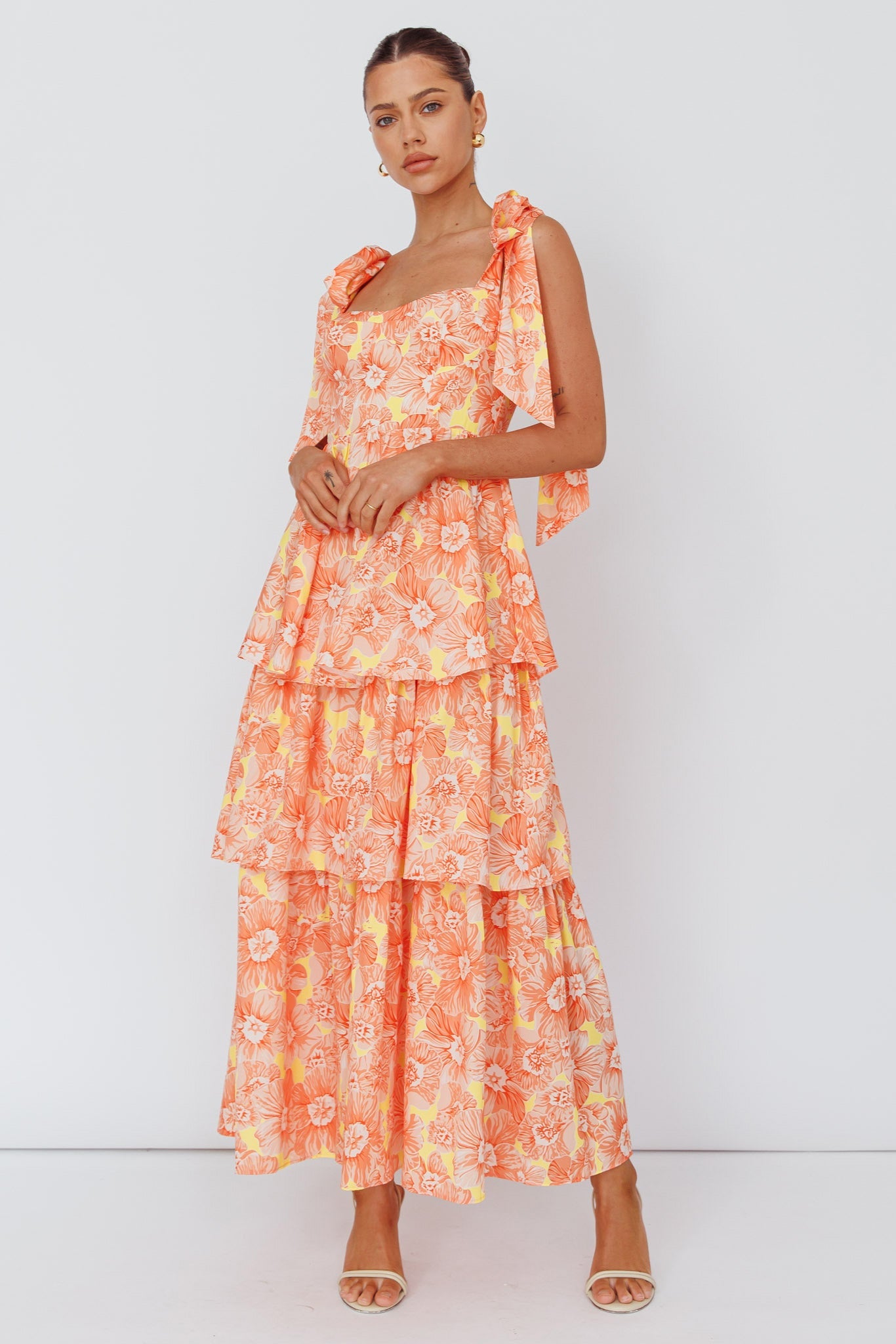 Arlowe Tied-Shoulder Tiered Midi Dress in Floral Orange