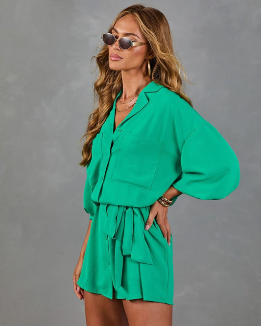 Summer Memoir Waist Tie Mini Shirt Dress - Kelly Green / M