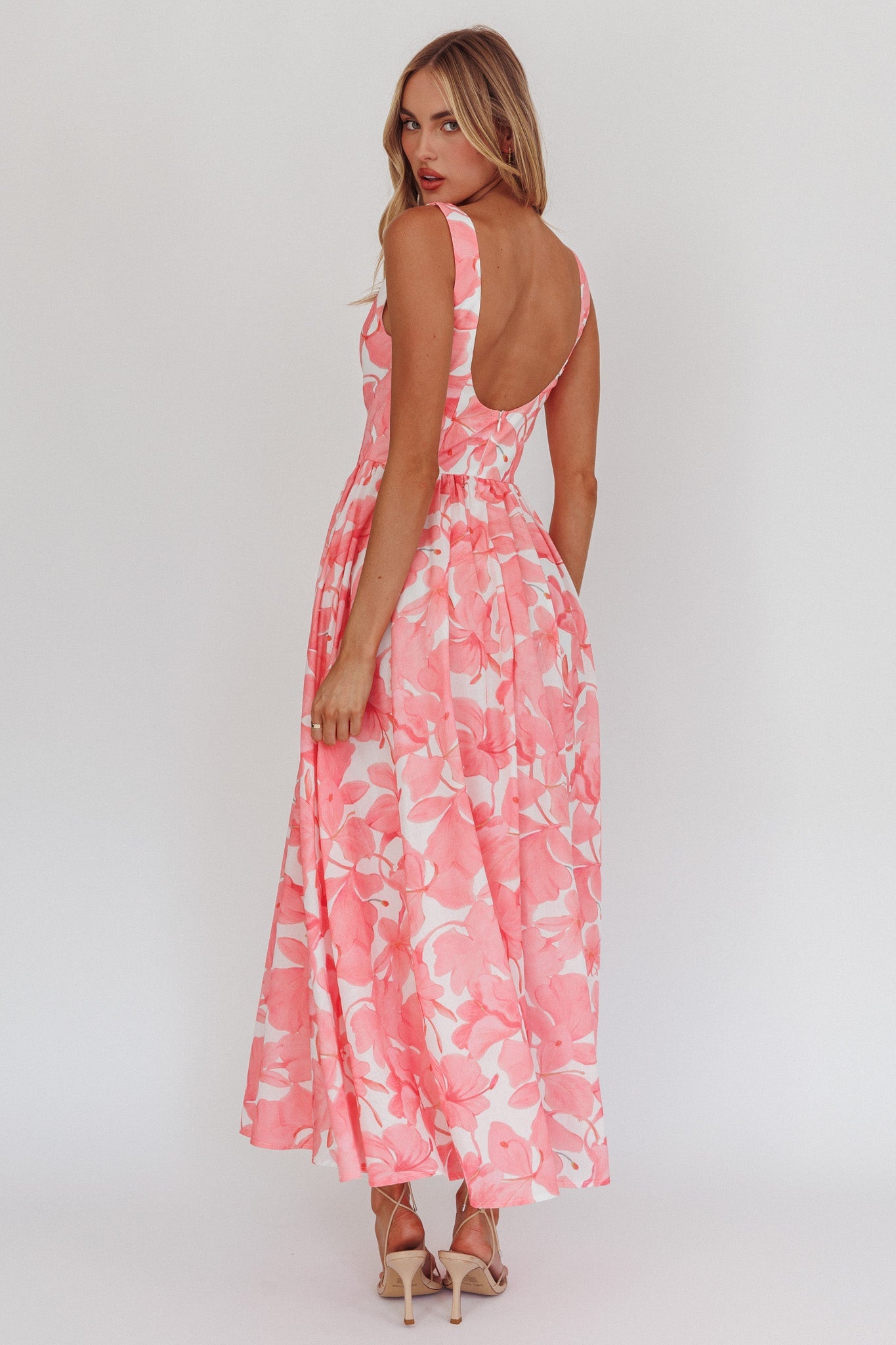 Arabella Low-Back Floral Maxi Dress in Blush