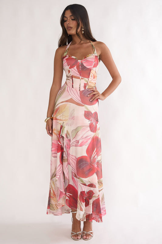 Evangeline Halterneck Floral Maxi Dress in Red