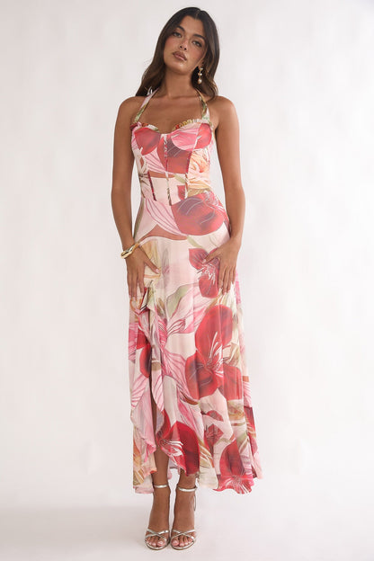 Evangeline Halterneck Floral Maxi Dress in Red