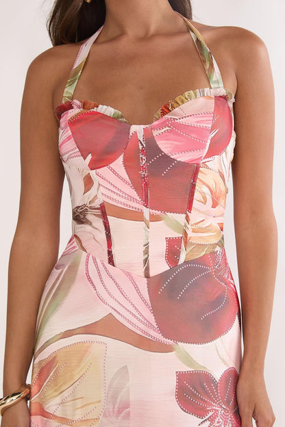 Evangeline Halterneck Floral Maxi Dress in Red