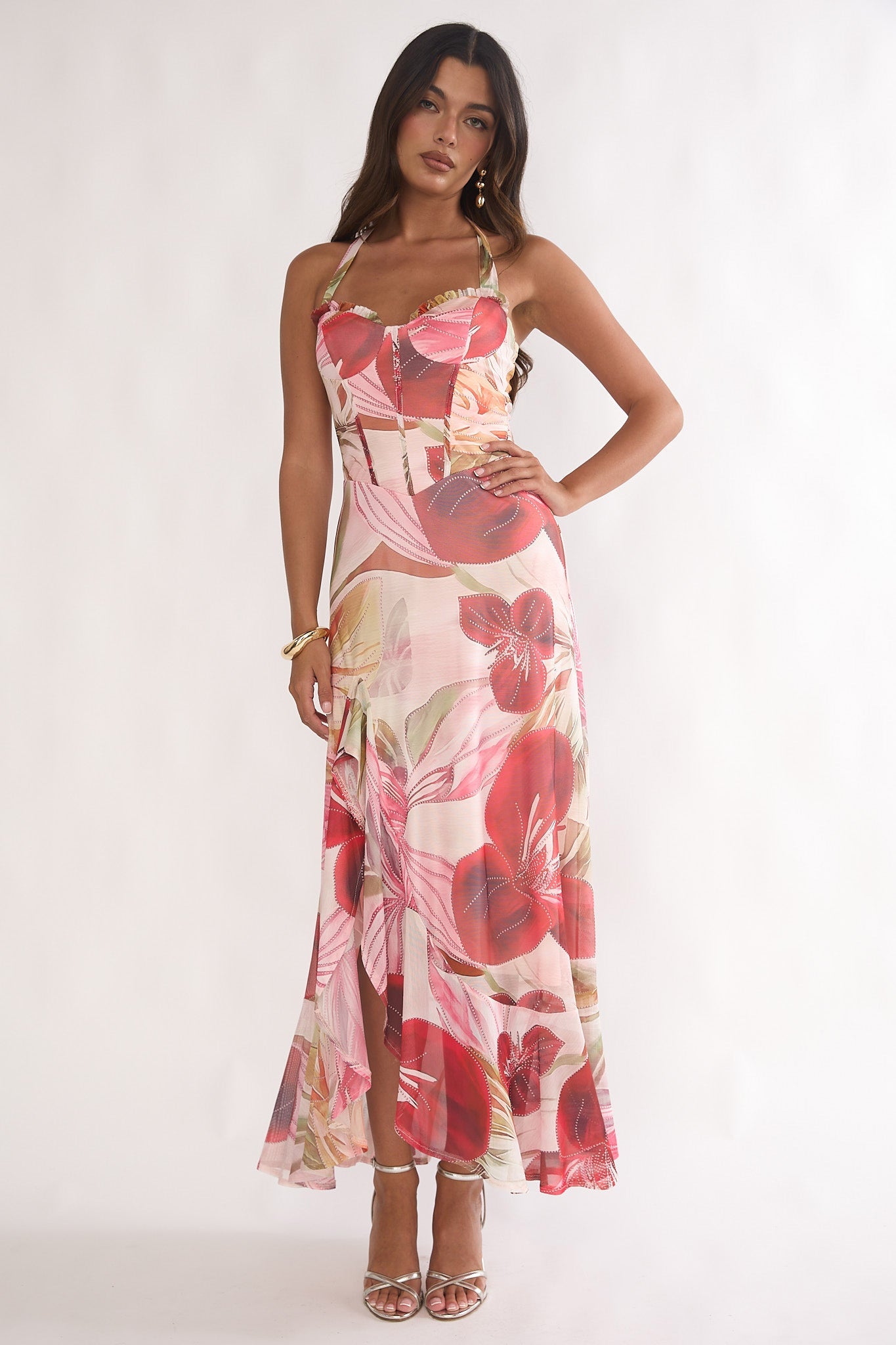 Evangeline Halterneck Floral Maxi Dress in Red
