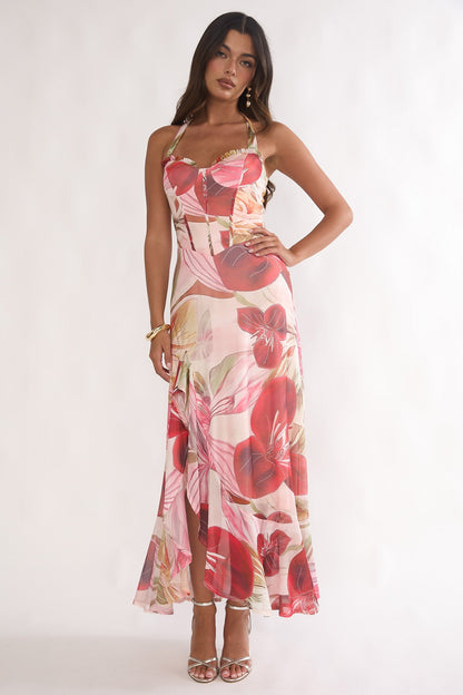 Evangeline Halterneck Floral Maxi Dress in Red
