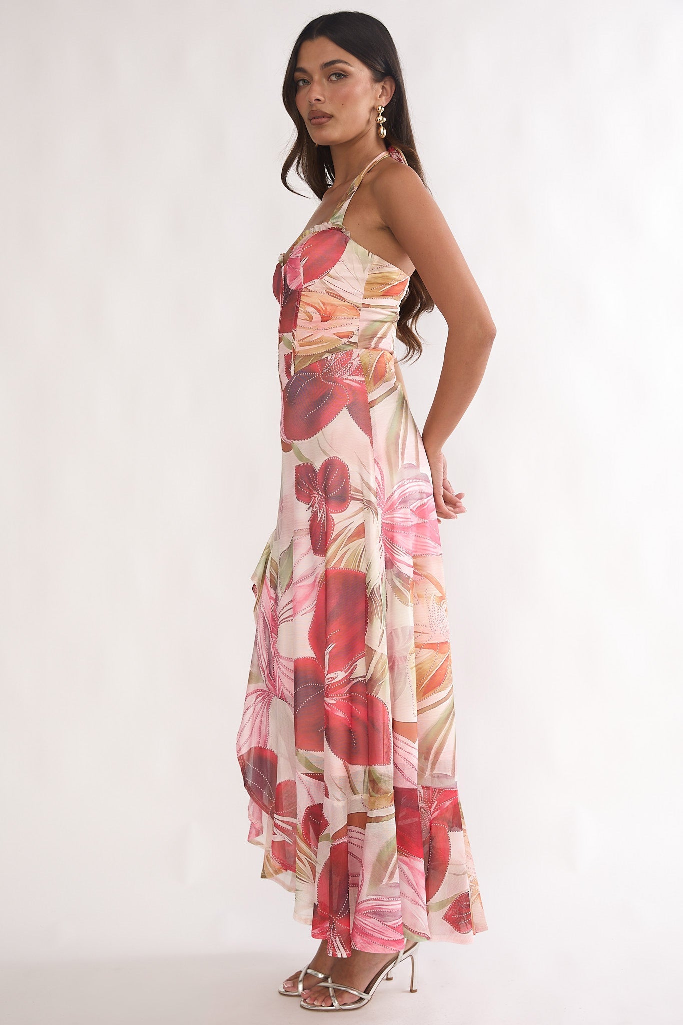 Evangeline Halterneck Floral Maxi Dress in Red