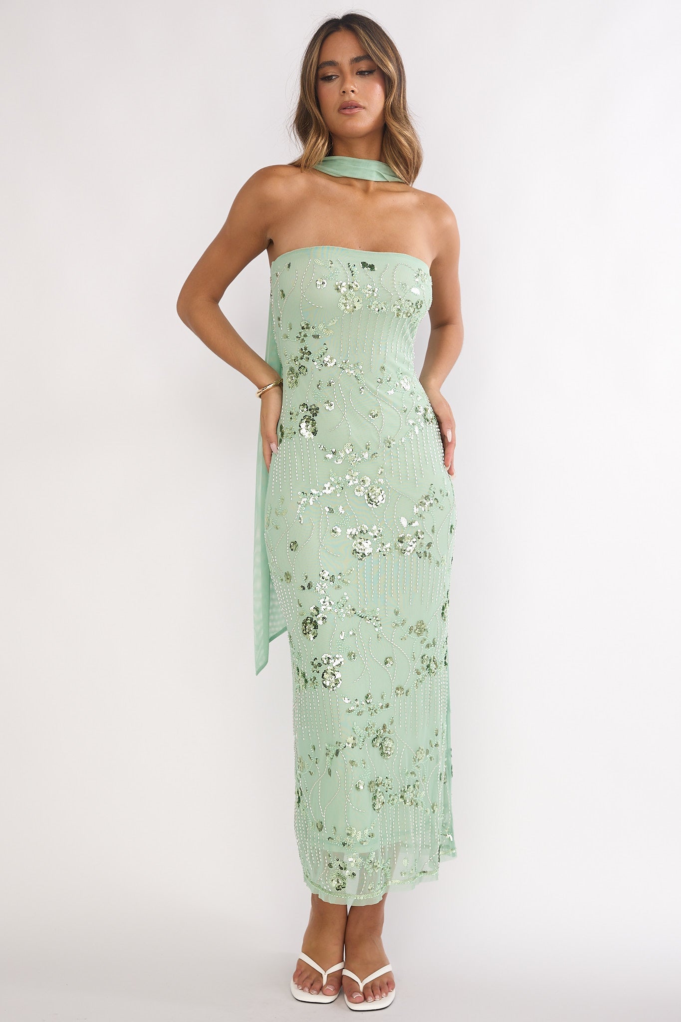 Jeremia Strapless Sequin Maxi Dress in Mint