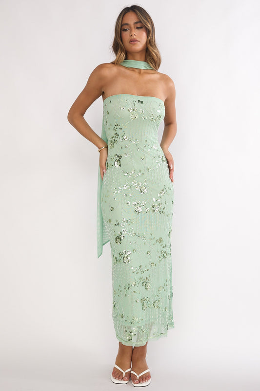 Jeremia Strapless Sequin Maxi Dress in Mint