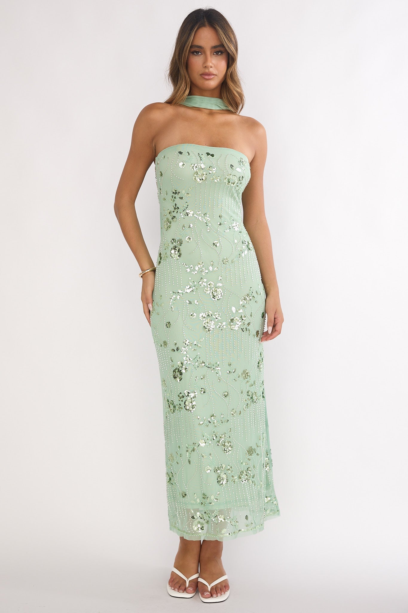 Jeremia Strapless Sequin Maxi Dress in Mint