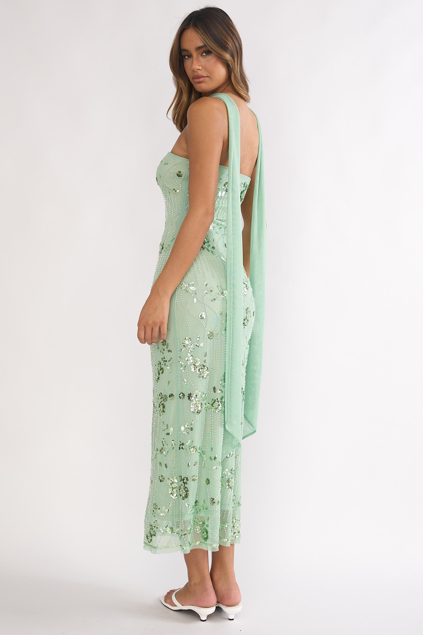 Jeremia Strapless Sequin Maxi Dress in Mint