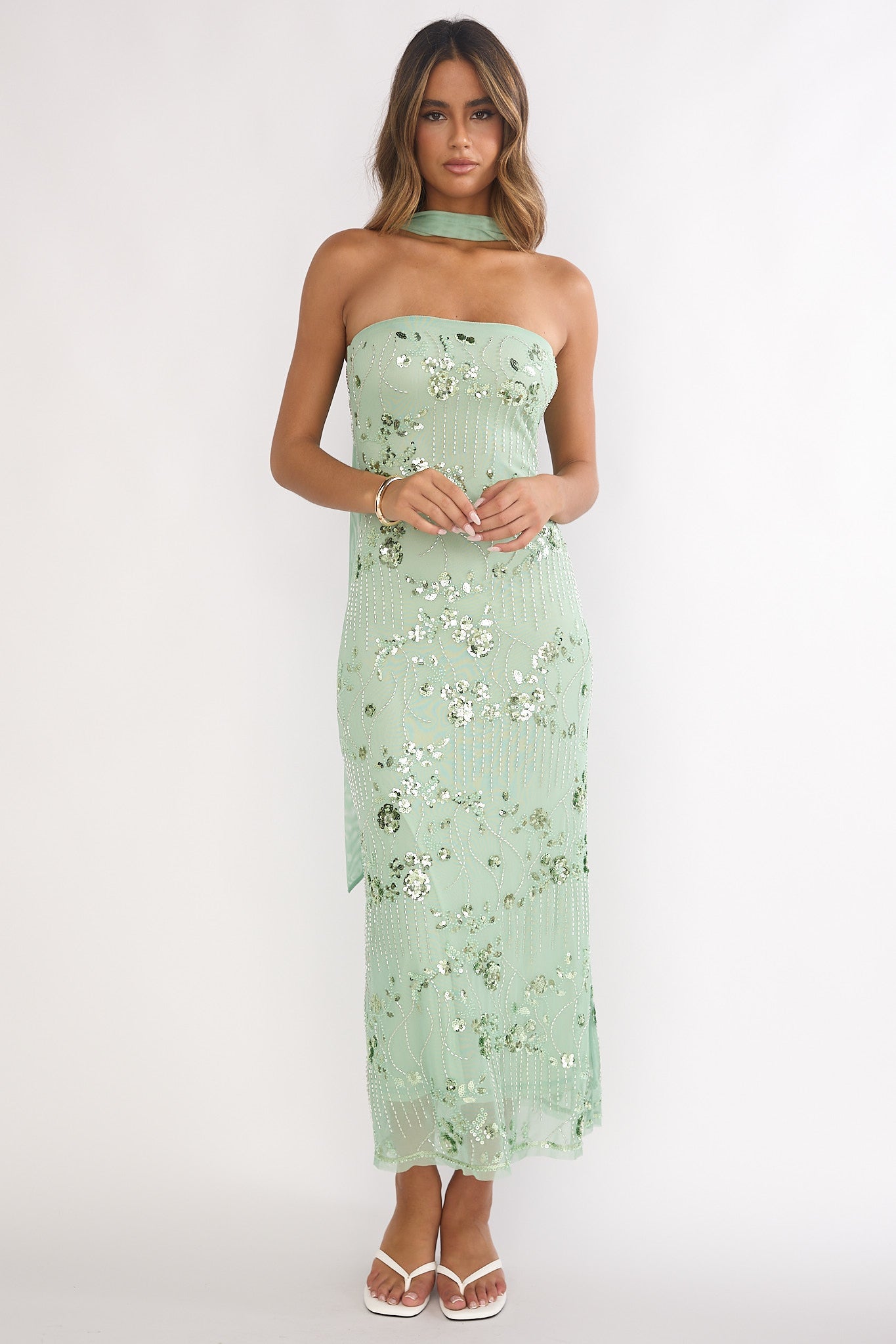 Jeremia Strapless Sequin Maxi Dress in Mint