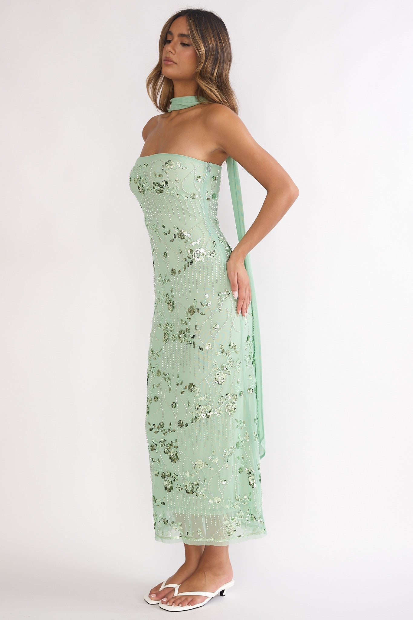 Jeremia Strapless Sequin Maxi Dress in Mint