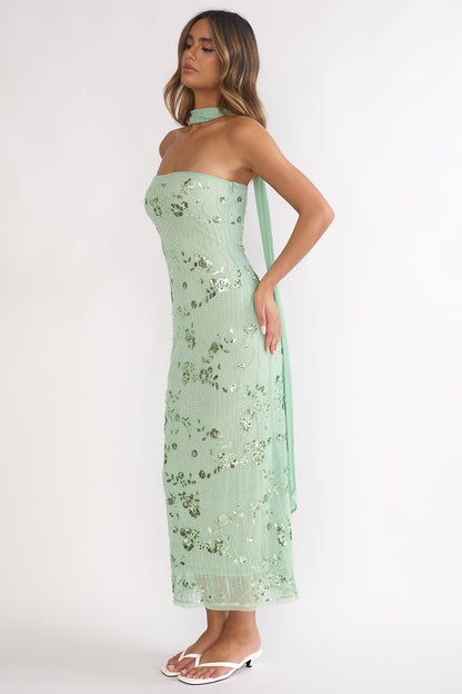 Jeremia Strapless Sequin Maxi Dress in Mint