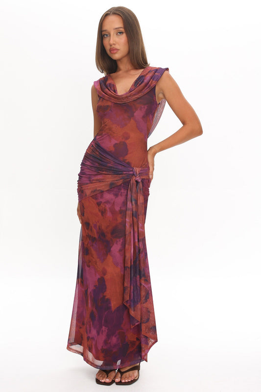 Virgo Draped Shoulder Maxi Dress in Dark Rose